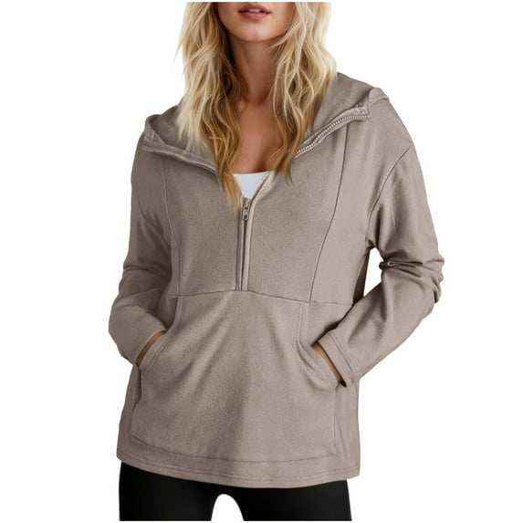 APEXFWDT Women's Lightweight Half-Zip Hoodie Long Sleeve Solid Color Layering Sweatshirt Versatile Casual Top with Pockets,L,Beige