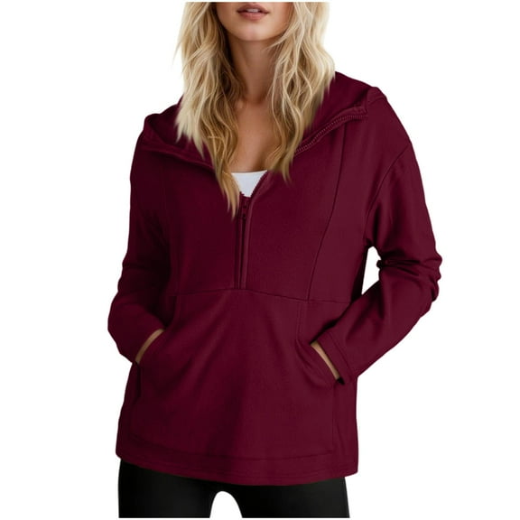 APEXFWDT Women's Lightweight Half-Zip Hoodie Long Sleeve Solid Color Layering Sweatshirt Versatile Casual Top with Pockets,L,Red