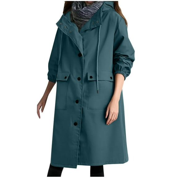 APEXFWDT Women's Lightweight Long Hooded Trench Jacket Windproof Waterproof Button Down Rain Coat Casual Outwear with Pockets for Outdoor Strolls,L,Navy