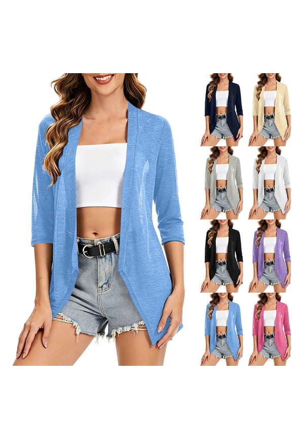 Women's Lightweight Summer Cardigan 3/4 Sleeve Open Front Mesh Sun Protection Casual Top,L,Beige