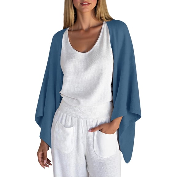 APEXFWDT Women's Linen Cardigan 3/4 Sleeve Loose Asymmetric Dolman Sleeve Cardigan Shawl Lightweight Casual Top,XXL,Blue