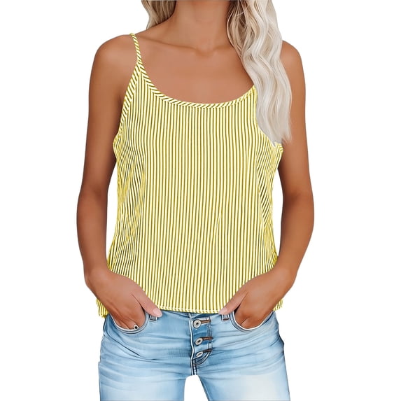 APEXFWDT Women's Linen Cotton Striped Cami Tops Crew Neck Sleeveless Summer Tank Tops,XXXL,Yellow