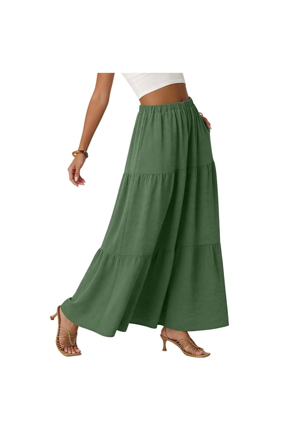 Women's Long Maxi Skirt Casual High Waist A-Line Skirt with Pockets, Ruffle Tiered Beach Flowy Skirt for Summer,M,Green