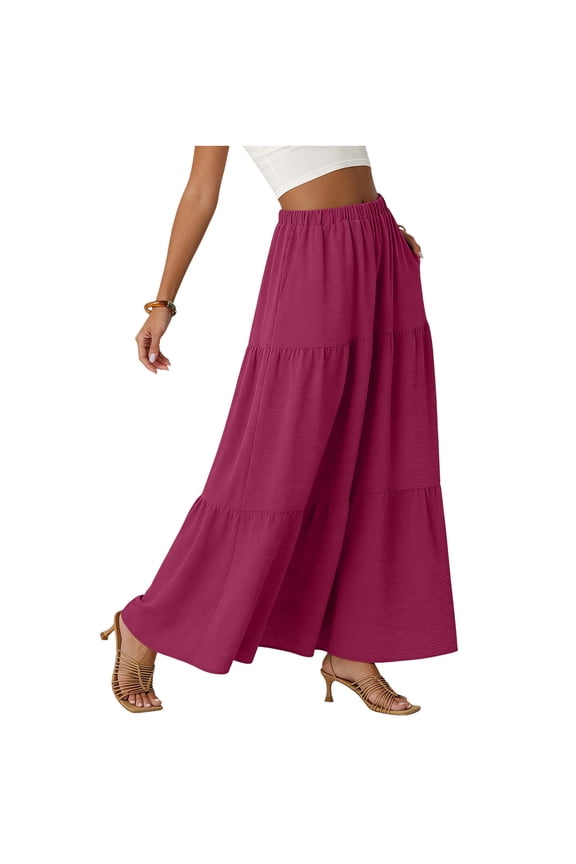 Women's Long Maxi Skirt Casual High Waist A-Line Skirt with Pockets, Ruffle Tiered Beach Flowy Skirt for Summer,S,Hot Pink
