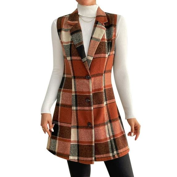 APEXFWDT Women's Long Plaid Vest Coat Casual Lapel Button Front Sleeveless Blazer Jacket Outerwear for Women Fall Winter Vest Orange X-Large