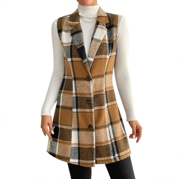 APEXFWDT Women's Long Plaid Vest Coat Casual Lapel Button Front Sleeveless Blazer Jacket Outerwear for Women Fall Winter Vest Yellow Large