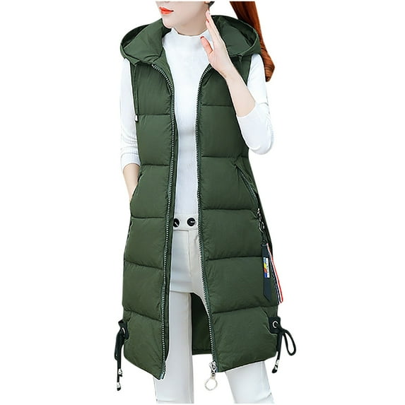 APEXFWDT Women's Long Puffer Vest Zipper Sleeveless Puffy Jacket with Hood Fall Winter Warm Quilted Vest Outwear with Pockets