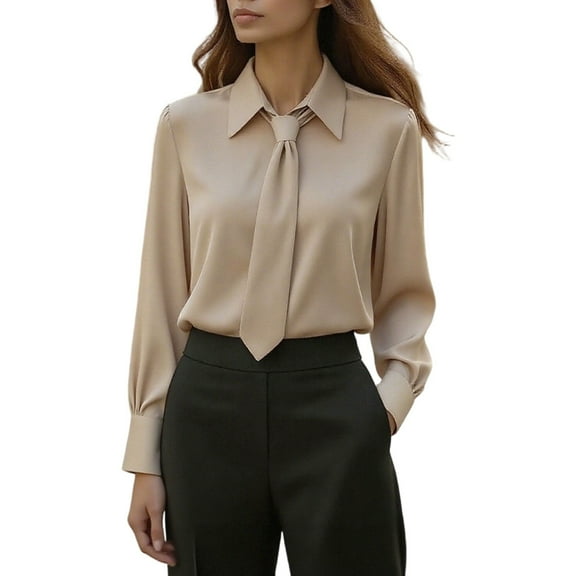 APEXFWDT Women's Long Sleeve Dress Shirt Solid V-Neck Formal Office Blouse with Tie, for Business Meetings & Daily Work,M,Khaki