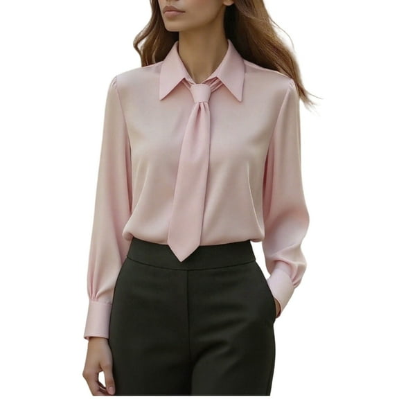 APEXFWDT Women's Long Sleeve Dress Shirt Solid V-Neck Formal Office Blouse with Tie, for Business Meetings & Daily Work,M,Pink