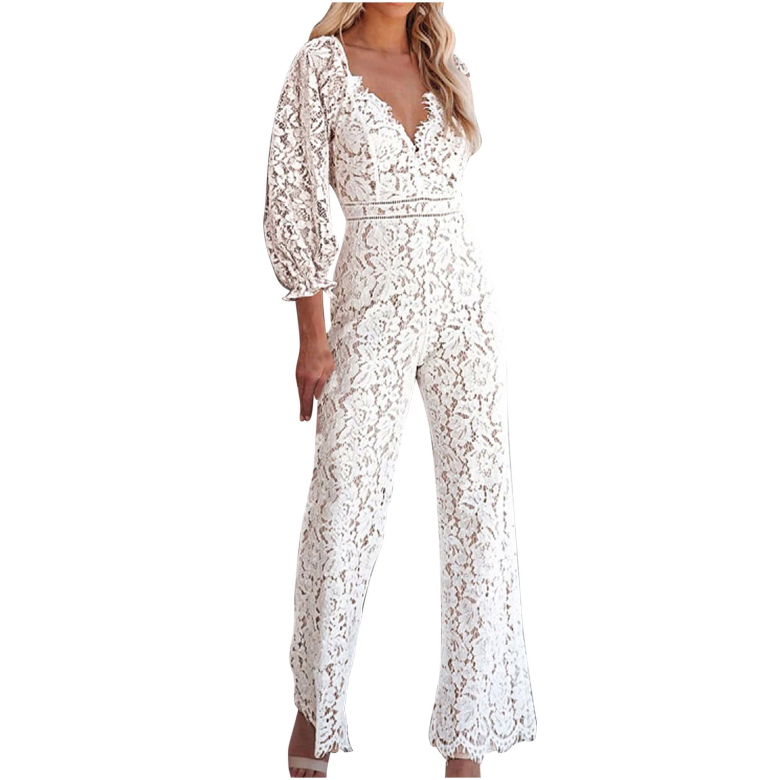 APEXFWDT Women's Long Sleeve Jumpsuit Floral Embroidery Lace