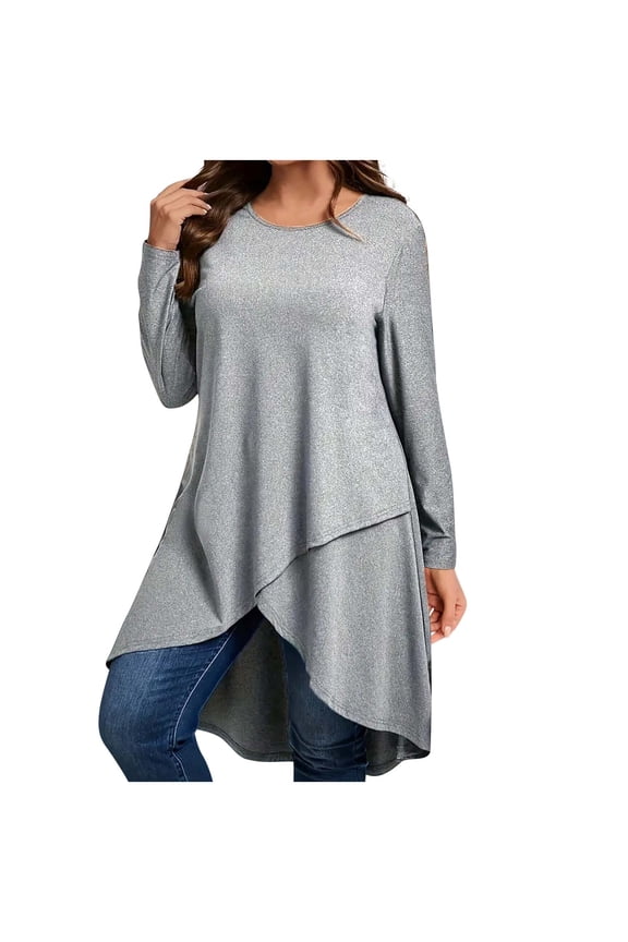 Women's Long Sleeve Longline Tunic Top Plus Size Asymmetric Hem Top Crew Neck Loose Fit Blouse Casual Oversized Shirt,XXL,Gray