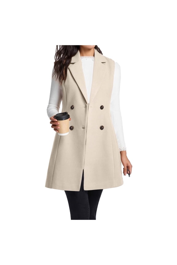 Women's Long Wool Blend Vest Notched Collar Double-Breasted Sleeveless Trench Jacket Fashion Fall Vest for Office Matching,XXL,White