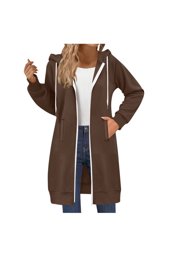APEXFWDT Women's Longline 2-Way Zip Hoodie Casual Jacket Long Sleeve Fall Winter Sweatshirt with Pockets,S,Coffee