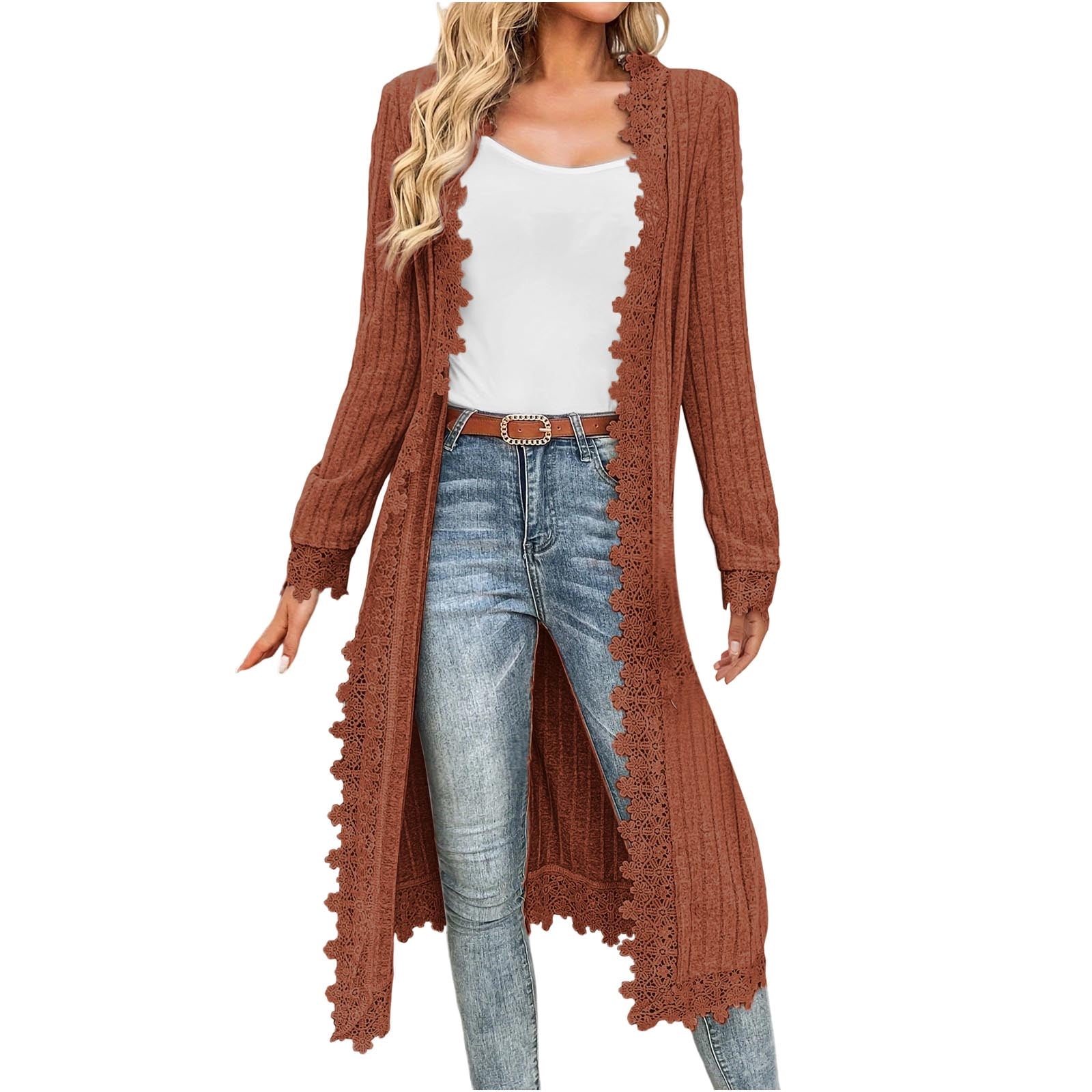 APEXFWDT Women's Longline Lace Trim Kimono Cardigan Long Sleeve