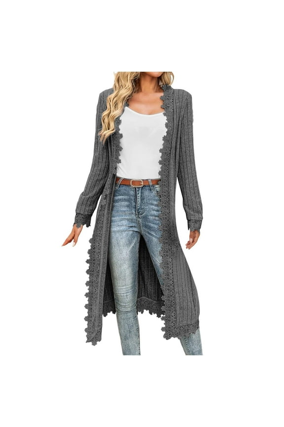 APEXFWDT Women's Longline Lace Trim Kimono Cardigan Long Sleeve Duster Length Cover-Up for Dress & Jeans,XXL,Dark Gray