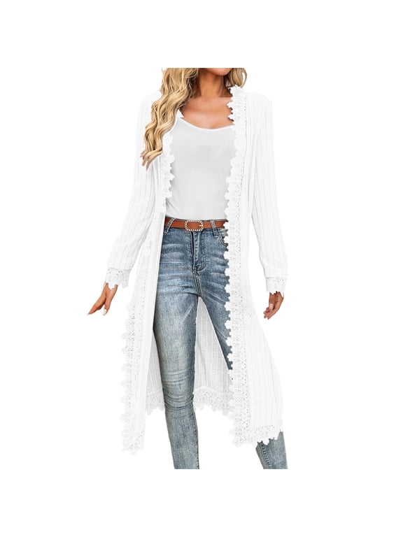 APEXFWDT Women's Longline Lace Trim Kimono Cardigan Long Sleeve Duster Length Cover-Up for Dress & Jeans,XXL,White