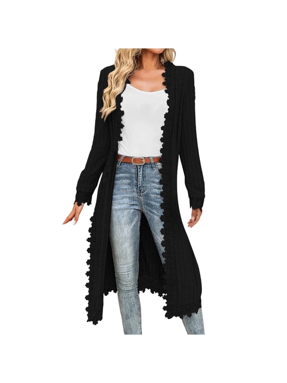 Women's Longline Lace Trim Kimono Cardigan Long Sleeve Duster Length Cover-Up for Dress & Jeans