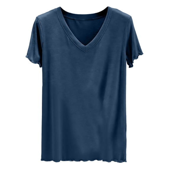 APEXFWDT Women's Loungewear T-Shirt Short Sleeve V-Neck Soft Summer Pajama Top,L,Navy