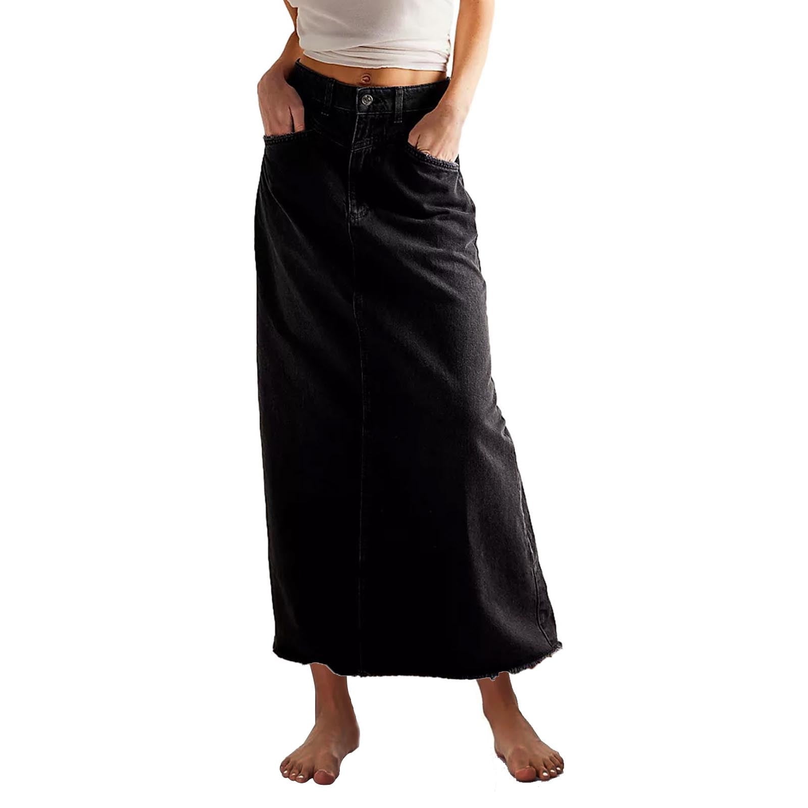 APEXFWDT Women's Mid Denim Skirts Stretch High Waist Frayed A line Jean — free download
