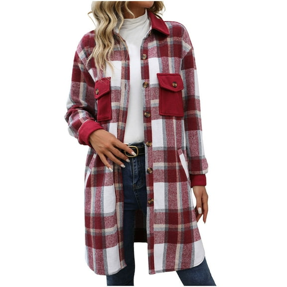 APEXFWDT Women's Mid-Length Plaid Jacket Vintage Button up Long Sleeve Coat with Pockets for Autumn/Winter,L,Red