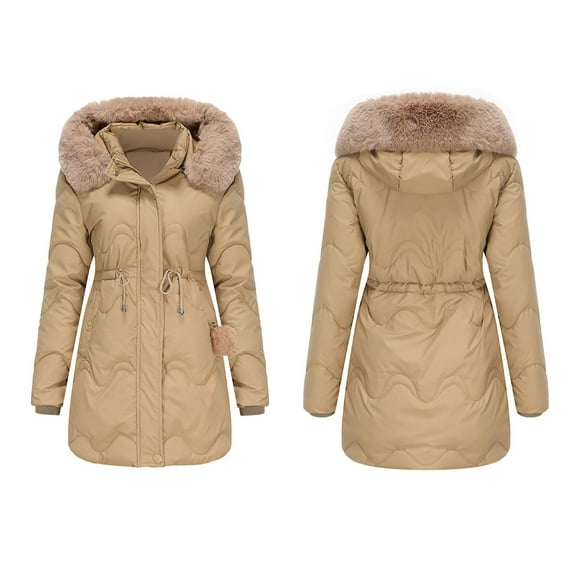 APEXFWDT Women's Mid-Long Puffer Jacket Coat with Furry Hood Quilted Warm Winter Parka Coat Casual Drawstring Waist Padded Jacket with Pockets
