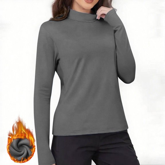 APEXFWDT Women's Mock Neck Thermal Shirts Long Sleeve Light Fleece Base Layer with Thumb Hole for Women Cold Weather,XXL,Gray