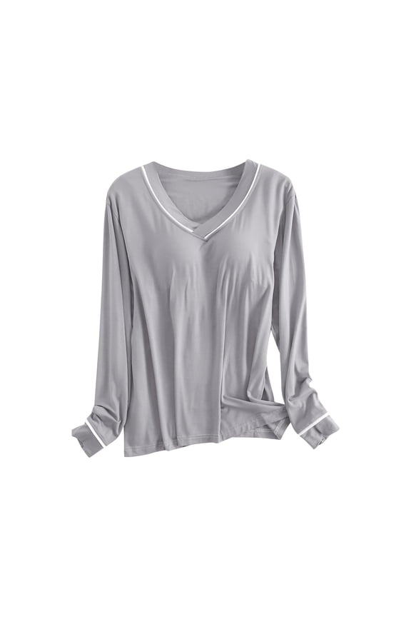 Women's Modal Long Sleeve Shirt with Bulit in Bra V Neck Soft Loungewear T Shirt for Home Use,M,Gray