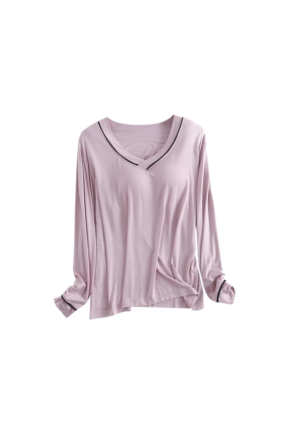 Women's Modal Long Sleeve Shirt with Bulit in Bra V Neck Soft Loungewear T Shirt for Home Use,XL,Hot Pink