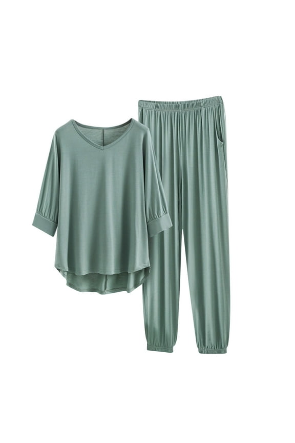 APEXFWDT Women's Modal Pajama Set Half Sleeve V-Neck Top & Cuffed Pants, Loose Soft Loungewear Breathable Sleepwear,XXL,Green