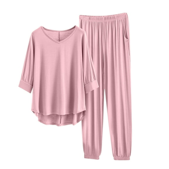 APEXFWDT Women's Modal Pajama Set Half Sleeve V-Neck Top & Cuffed Pants, Loose Soft Loungewear Breathable Sleepwear,XXL,Pink