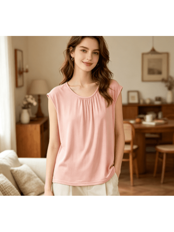 Women's Modal Pajama Top Sleeveless Sleeveless Crew Neck Cami Casual Loose Breathable Sleep Tank Top,Pink