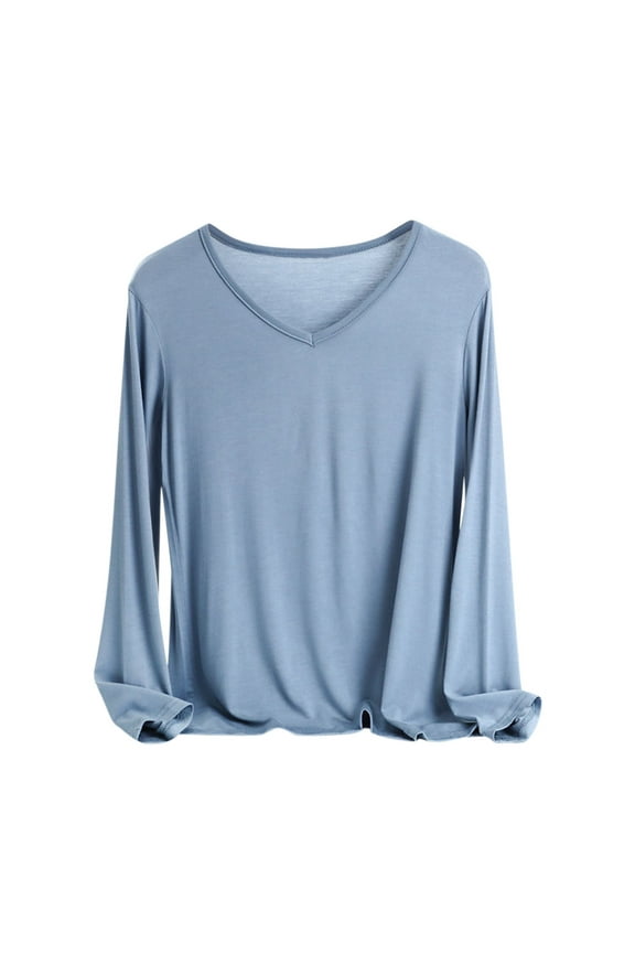 APEXFWDT Women's Modal V-Neck Base Layer Soft Long Sleeve Tee 4-Way Stretch Tshirt for Layering & Loungewear,XL,Light Blue