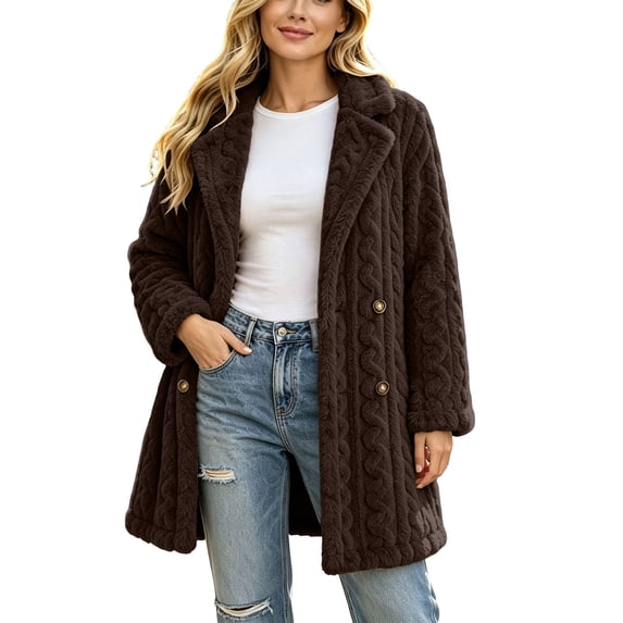 APEXFWDT Women's Notch Collar Fuzzy Trench Coat Button Front Long Sleeve Mid Length Jacket for Work Fall Winter Coat