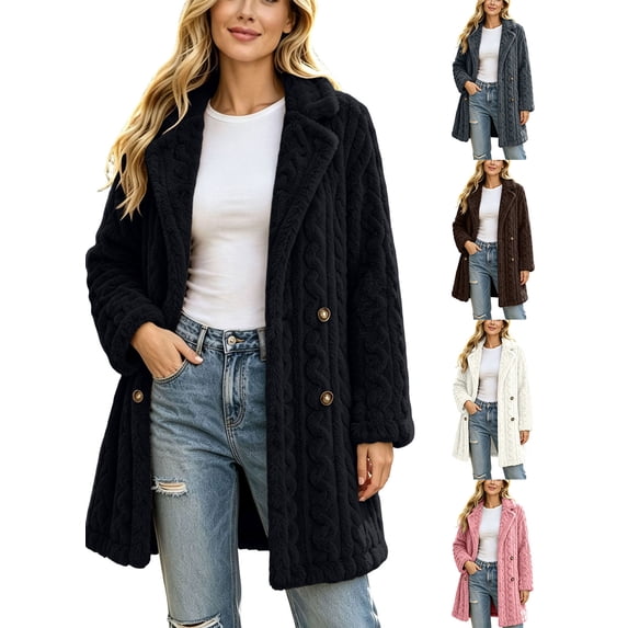 APEXFWDT Women's Notch Collar Fuzzy Trench Coat Button Front Long Sleeve Mid Length Jacket for Work Fall Winter Coat