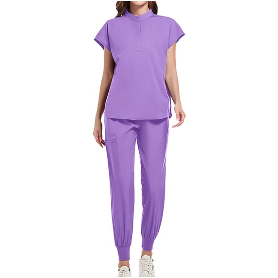 APEXFWDT Women’s Nurse Uniform Set – Cap Sleeve Round Neck Scrub Top + Elastic Drawstring Joggers with Pockets Workwear Set,M,Purple