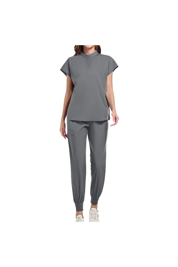 Women’s Nurse Uniform Set – Cap Sleeve Round Neck Scrub Top + Elastic Drawstring Joggers with Pockets Workwear Set,S,Gray
