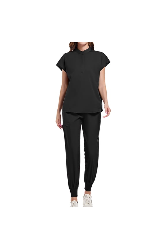 Women’s Nurse Uniform Set – Cap Sleeve Round Neck Scrub Top + Elastic Drawstring Joggers with Pockets Workwear Set,XXL,Black
