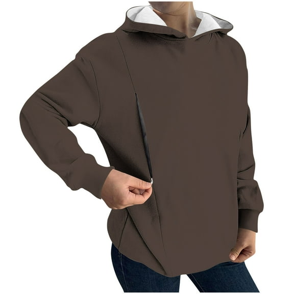 APEXFWDT Women's Nursing Hoodie Long Sleeve Front Zip Maternity Sweatshirt Comfort Fit Pullover for Postpartum,S,Brown