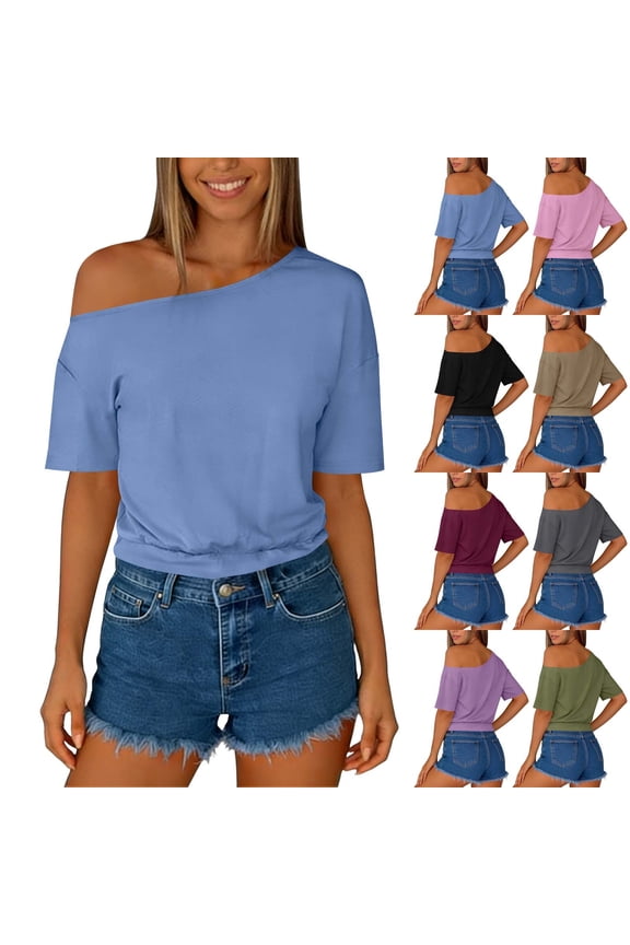 Women's Off Shoulder Crop Top Short Sleeve Smocked Waist Shirt Asymmetrical Y2K Going Out Top,L,Black