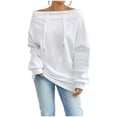thumbnail image 1 of APEXFWDT Women's Off-Shoulder Sweatshirt Boat Neck Loose Casual Drawstring Long Sleeve Pullover for Weekend Brunch Dates,XL,White, 1 of 7