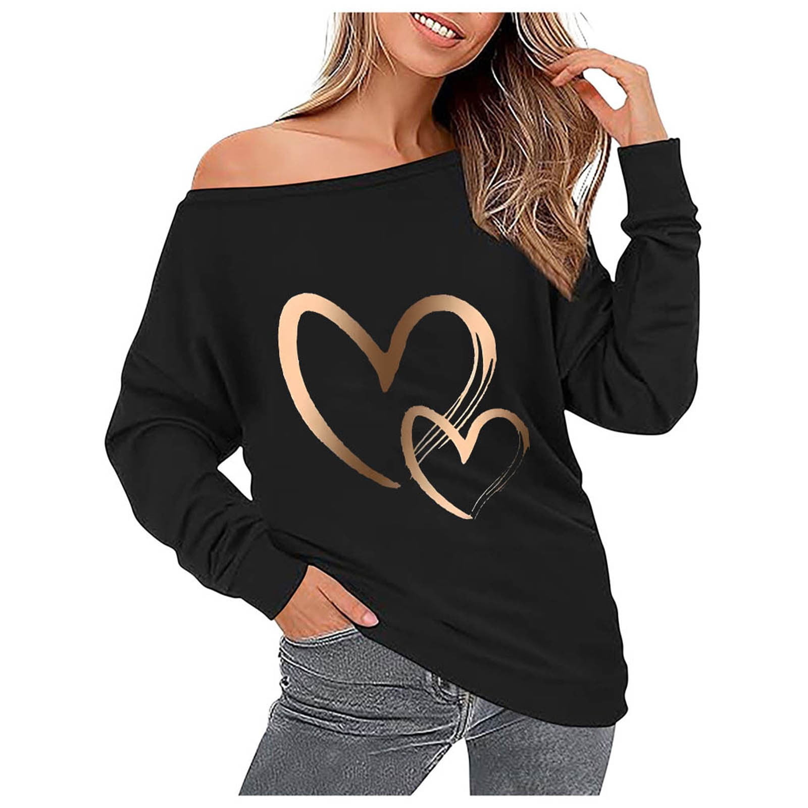 APEXFWDT Women's Off Shoulder Sweatshirt - Heart Print Long Sleeve ...