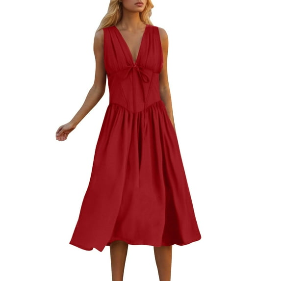 APEXFWDT Women's Open Back Boho Dress Crinkle Chiffon V-Neck Wedding Dress Sleeveless Beach Dresses for Party XXL,Red