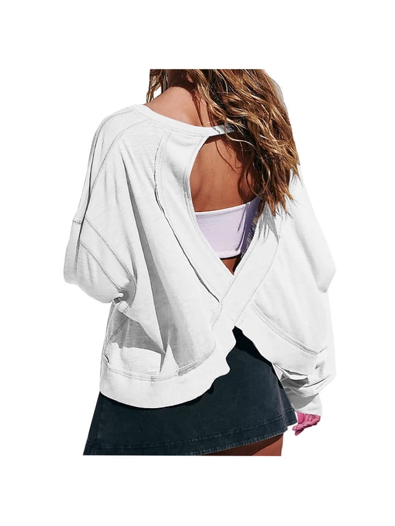 Women's Open-Back Workout Top Breathable Round Neck Athletic Shirt Cutout for Yoga & Gym,XXL,White