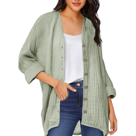APEXFWDT Women's Oversized Button Down Shirt, V Neck Long Sleeve Loose Fit Casual Blouse Lightweight Layering Top for Fall
