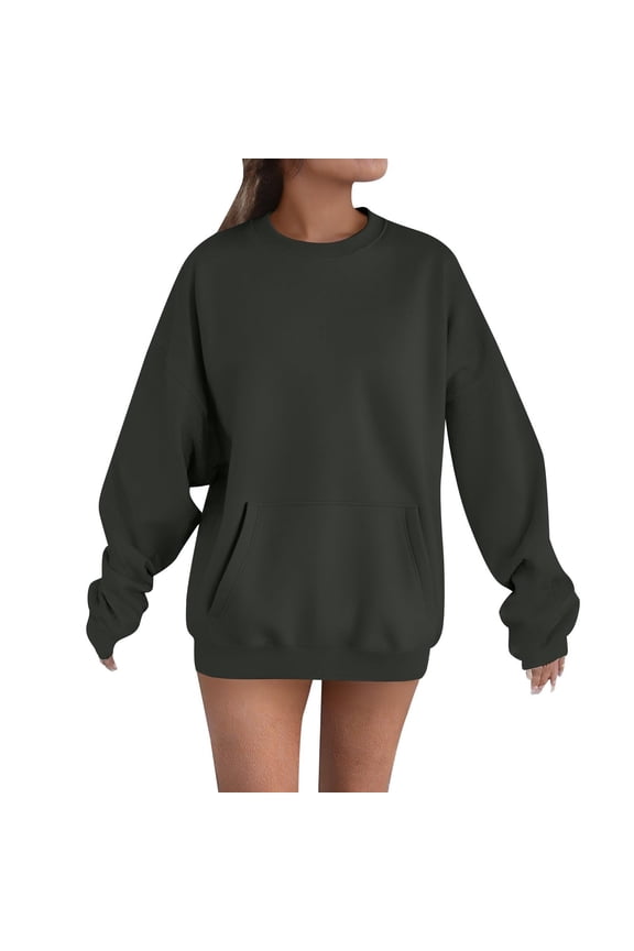 APEXFWDT Women's Oversized Drop Shoulder Sweatshirt Light Fleece-Lined Long Sleeve Crew Neck Pullover with Kangaroo Pocket,L,Dark Gray
