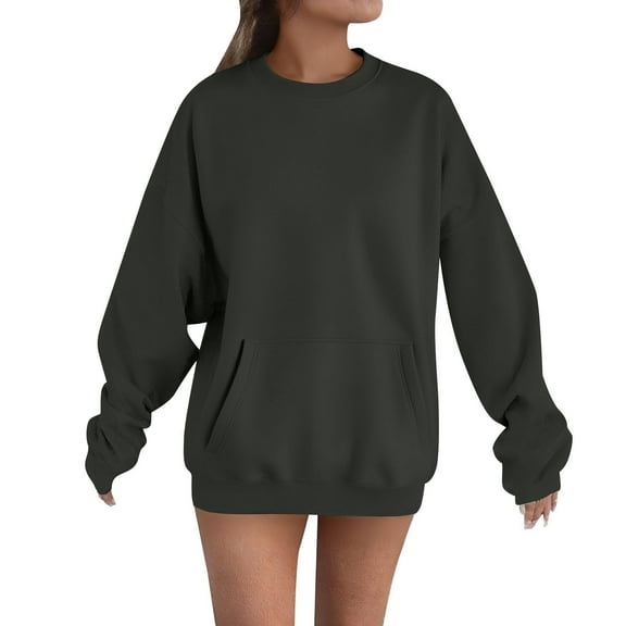 APEXFWDT Women's Oversized Drop Shoulder Sweatshirt Light Fleece-Lined Long Sleeve Crew Neck Pullover with Kangaroo Pocket,XL,Dark Gray