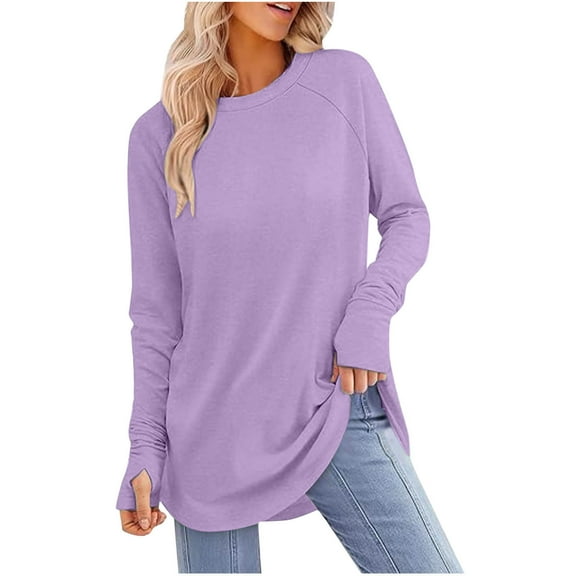 APEXFWDT Women’s Oversized Long Sleeve Crewneck Tunic Top with Thumb Holes Raglan Sleeve Solid Color Basic Shirt,L,Purple