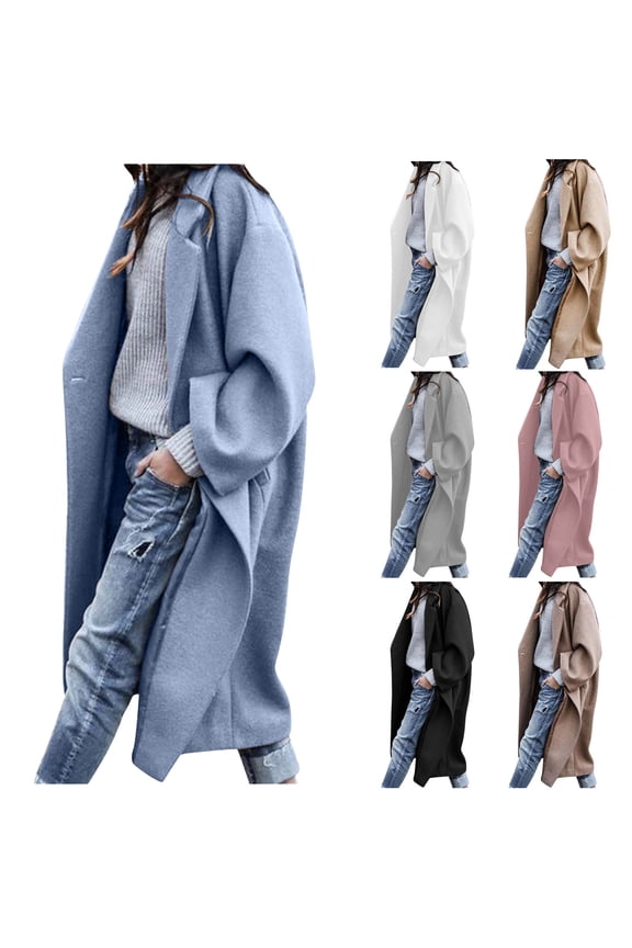 APEXFWDT Women's Oversized Long Trench Coat Notched Collar Wool Blend Single Breast Midi Long Jacket Plus Size Winter Fall Pea Coat