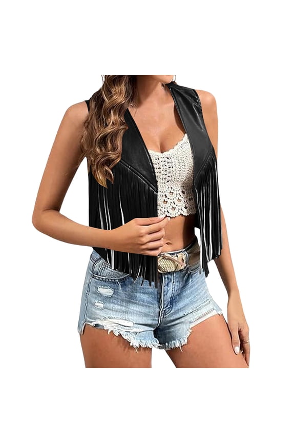 Women's PU Leather Fringe Vest Sleeveless V-Neck Open Front Club-Ready Crop Top, Fashion Outerwear,M,Black