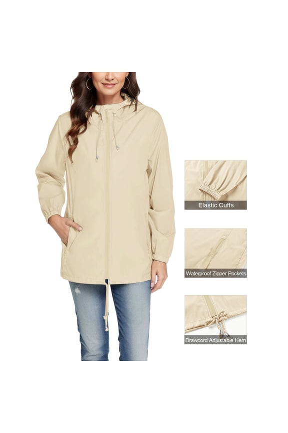 Women's Packable Rain Jacket - Waterproof Windbreaker with Adjustable Hood & Zipper Pockets for Hiking Outdoor Gear,XXL,Khaki
